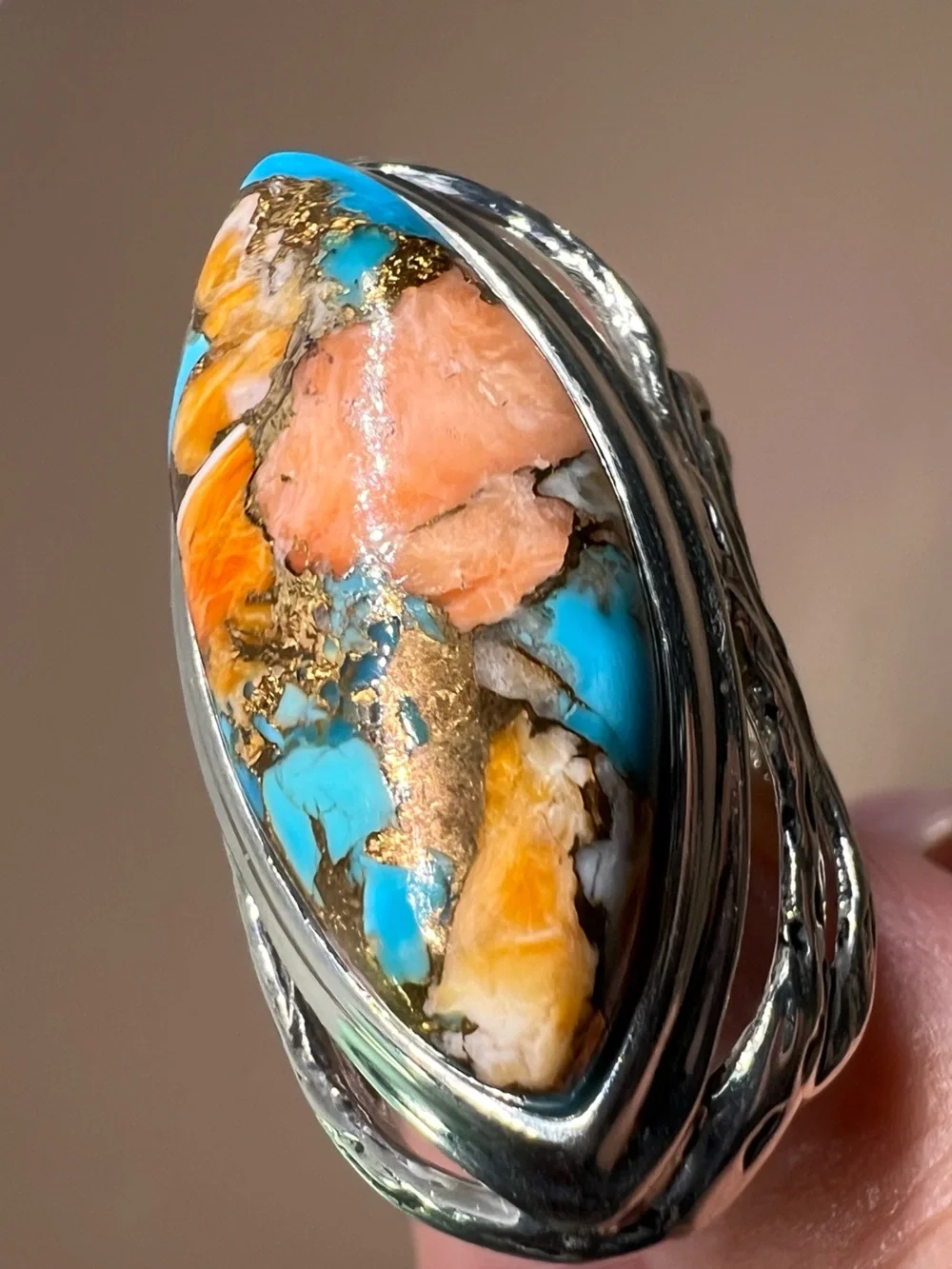 Oyster Copper Turquoise composite Sterling silver statement ring